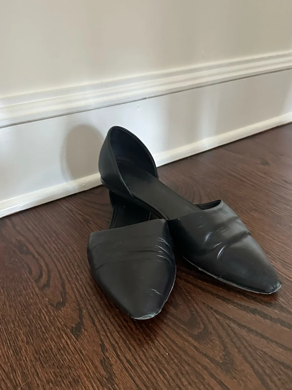 Black Leather Pointed Toe D’Orsay Women’s Flats
